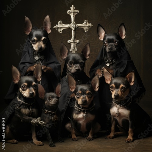 a group of dogs wearing robes and capes