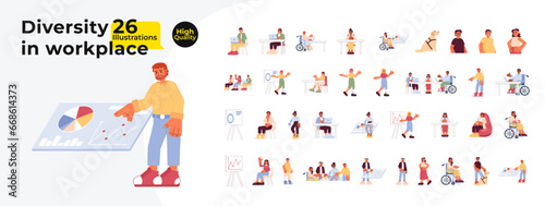 Diverse employees coworkers multicultural cartoon flat illustration bundle. Diversity colleagues inclusive people 2D characters isolated on white background. Professional vector color image collection