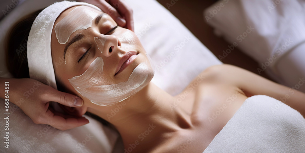 Lifestyle portrait of beautiful woman getting facial mask massage treatment at luxury spa - obrazy, fototapety, plakaty 