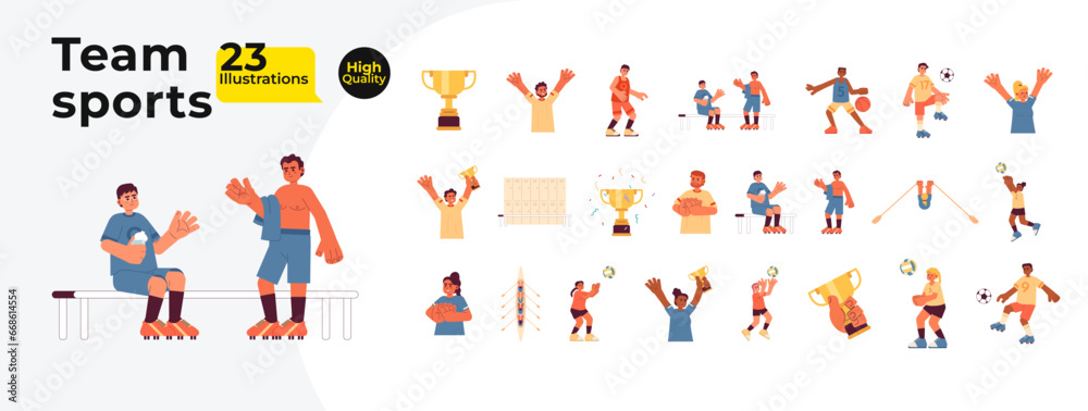 Diverse sportsmen athletes cartoon flat illustration bundle. Basketball, football, volleyball players 2D characters isolated on white background. Competitive sport vector color image collection