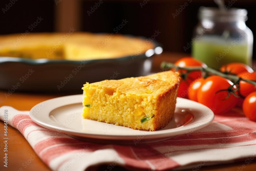 cornbread on a plate with a wedge cut out