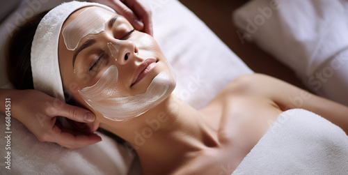 Lifestyle portrait of beautiful woman getting facial mask massage treatment at luxury spa
