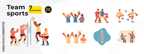Team sports cartoon flat illustration bundle. Basketball game, football players, kayaking people 2D characters isolated on white background. Competition champion vector color image collection