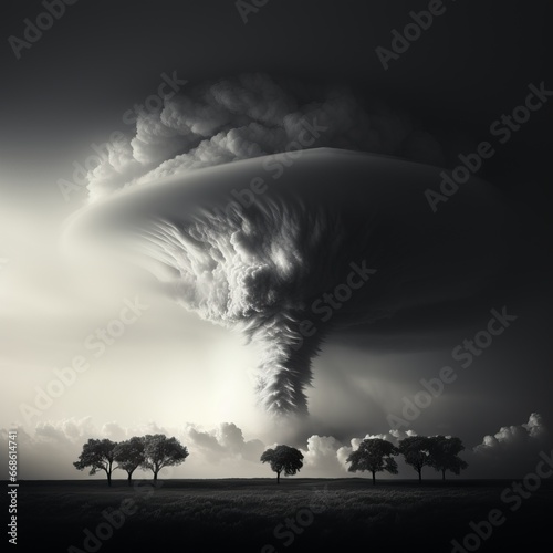 A powerful tornado in an open field. A unique moment of a natural phenomenon, the power of the elements. A whirlwind lifted into the dark sky, framed by clouds. A dramatic. Catastrophic event.