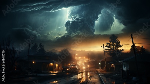 A powerful tornado in an open field. A unique moment of a natural phenomenon, the power of the elements. A whirlwind lifted into the dark sky, framed by clouds. A dramatic. Catastrophic event.