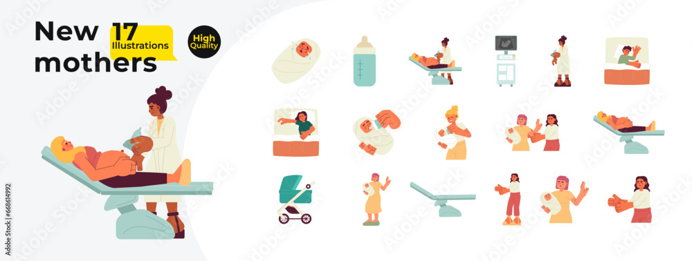 Parenting multiracial cartoon flat illustration bundle. Newborn baby with mother 2D characters isolated on white background. Infant feeding. Early childhood parenthood vector color image collection Parenting multiracial cartoon flat illustration bundle. Newborn baby with mother 2D characters isolated on white background. Infant feeding. Early childhood parenthood vector color image collection