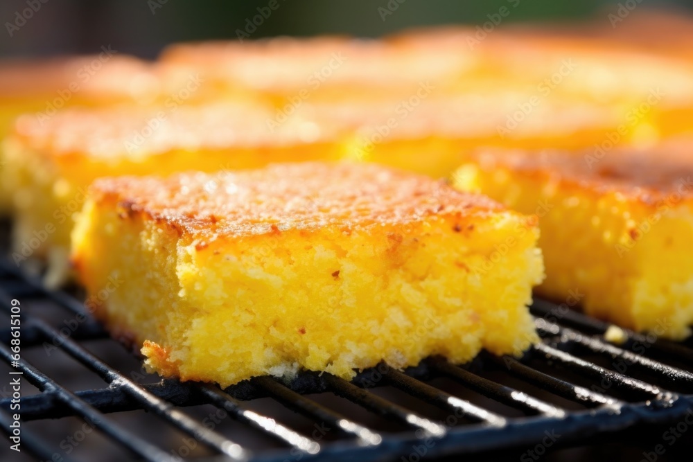 close-up shot of cornbread crust on the grill close-up shot of cornbread crust on the grill