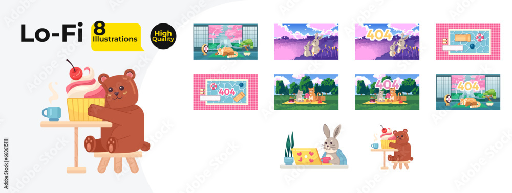 Kawaii cute lofi wallpapers bundle. Bear cupcake, panda sleeping, rabbits field, picnic party 2D characters cartoon flat illustration collection. Chill vector art, lo fi aesthetic colorful backgrounds Kawaii cute lofi wallpapers bundle. Bear cupcake, panda sleeping, rabbits field, picnic party 2D characters cartoon flat illustration collection. Chill vector art, lo fi aesthetic colorful backgrounds
