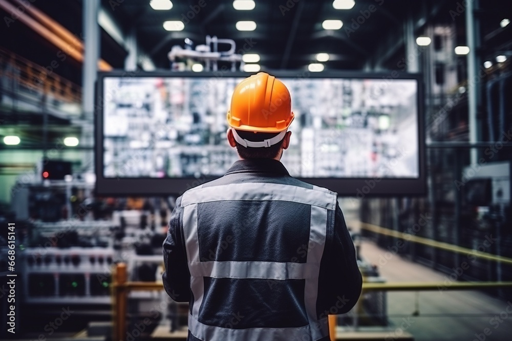 Factory Worker Monitoring Machinery on Big Screen