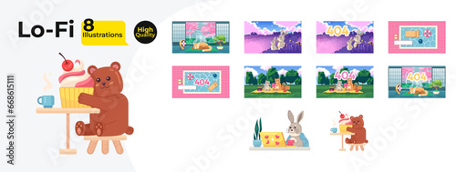 Kawaii cute lofi wallpapers bundle. Bear cupcake  panda sleeping  rabbits field  picnic party 2D characters cartoon flat illustration collection. Chill vector art  lo fi aesthetic colorful backgrounds