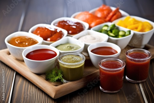 sauces and condiments accompanying bbq sausages photo