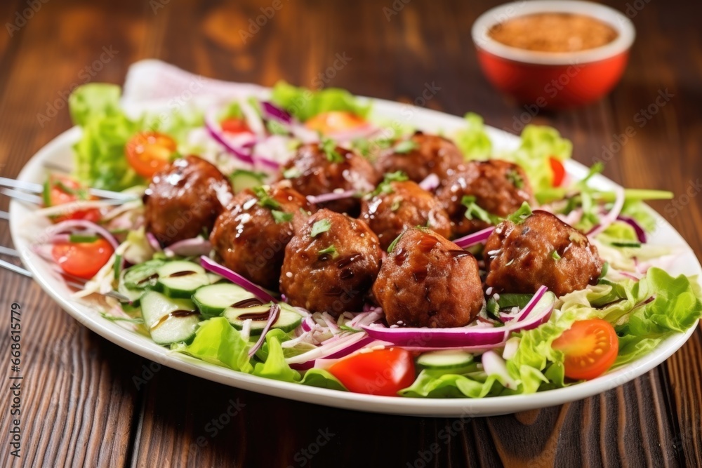 bbq meatball skewers served on a fresh salad