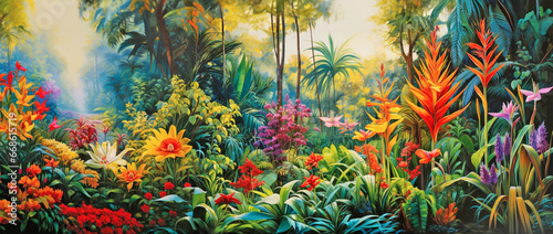tropical forest illustration with vibrant flowers creates a colorful paradise background