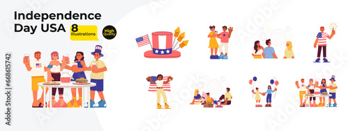 Independence day celebration cartoon flat illustration bundle. Festive fireworks kids with parents, friends 2D characters isolated on white background. Snacks party vector color image collection