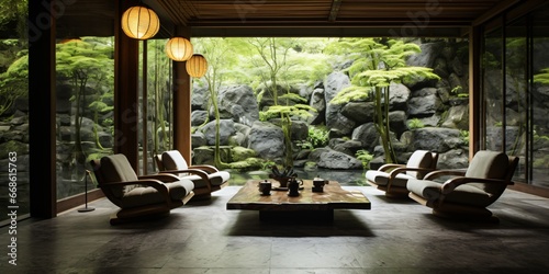 japanese living room with modern sitting area and water garden