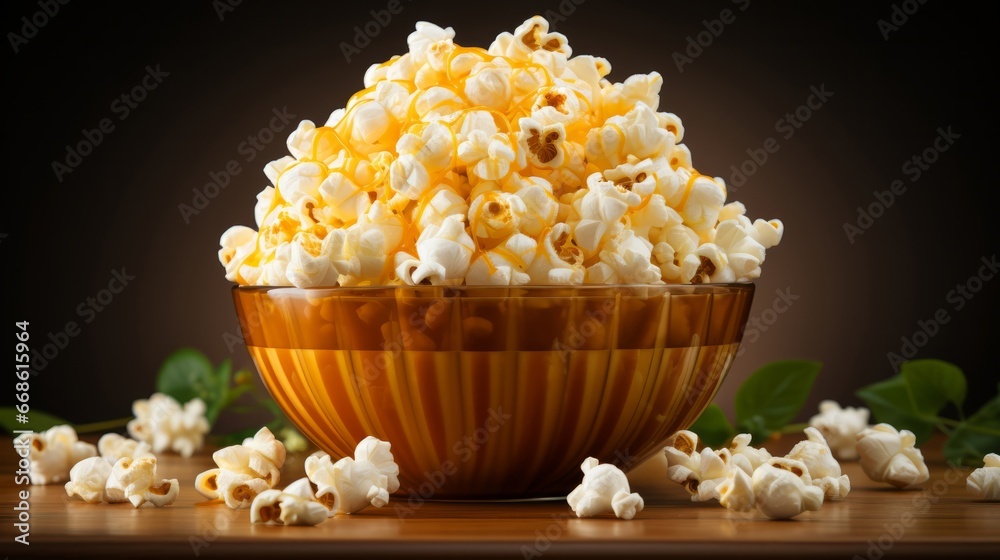 Oversized tub of buttered popcorn. Generative AI. Oversized tub of buttered popcorn. Generative AI.