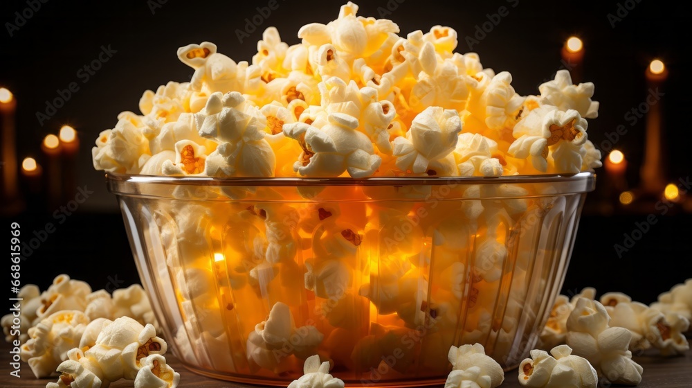 Oversized tub of buttered popcorn. Generative AI. Oversized tub of buttered popcorn. Generative AI.