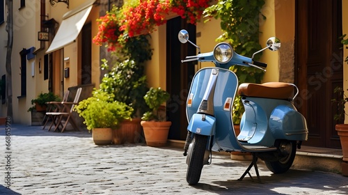 Blue Scooter Parked In The Street Of a Small Italian Town 