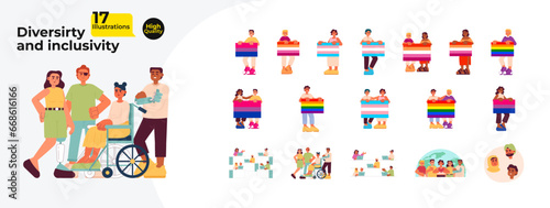 LGBTQ inclusive diverse young adults cartoon flat illustration bundle. Diversity colleagues  LGBT pride 2D characters isolated on white background. People with disabilities vector color image pack