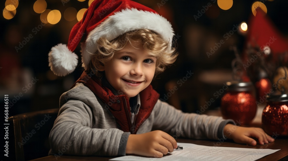 A young boy sits at an indoor table, bundled in winter clothing, writing a letter to Santa Claus by the light of a flickering candle. A young boy sits at an indoor table, bundled in winter clothing, writing a letter to Santa Claus by the light of a flickering candle.