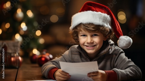 A young boy wearing a festive hat writing his wish list to Santa Claus. A young boy sitting at a table writing his list of Christmas presents she wants from Santa
