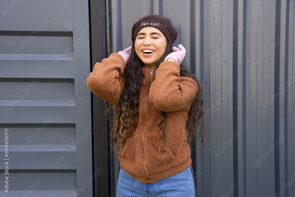 Beautiful Young indian woman in winter warm clothes with cap, gloves, December, janurary., Fun, Beautiful Young indian woman in winter warm clothes with cap, gloves, December, janurary., Fun,