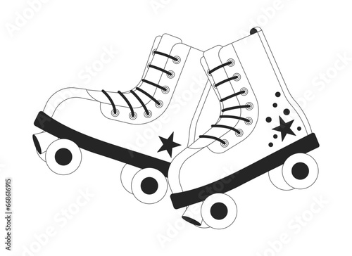Old fashioned roller skates 80s black and white 2D line cartoon object. Leisure activity 90s accessory isolated vector outline item. Trendy vintage footwear monochromatic flat spot illustration