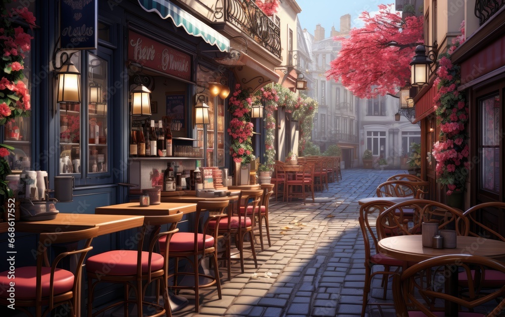 Street view of a Parisian cafe in France. 3d render
