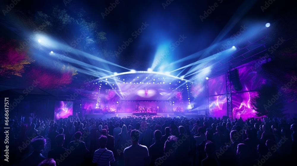 A state-of-the-art outdoor music venue with LED screens and immersive lighting.