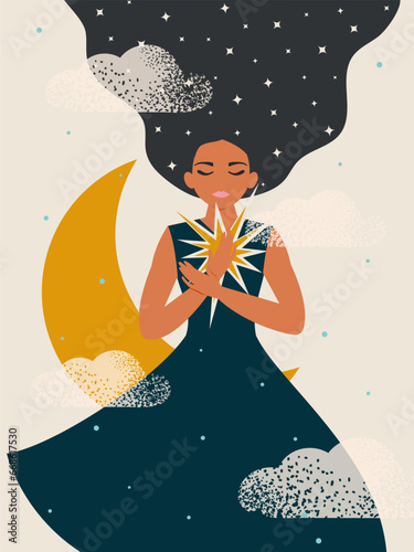 A woman hugs her guiding star, sitting on a crescent moon among the clouds, dreaming of a happy, peaceful future. Vector.