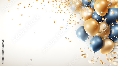 balloons Gold,white,silver,black and falling foil confetti on black background for writing space.Generative AI happy new year 2024