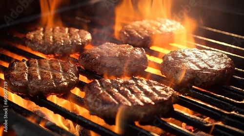 Grilling beef steaks on barbecue grill with flames, closeup