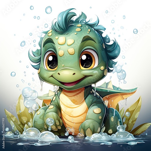 Delightful baby dragon enjoying a splash, surrounded by bubbles, with cute bottles and vibrant flower. Ideal for fantasy themes.