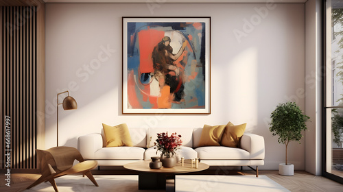 ReMockup Of visualization of a framed poster in a contemporary living room setting, using a modern interior background. This depiction will be presented in a render, providing a lifelike illustration.