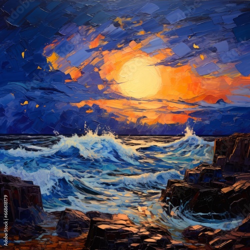 a painting of waves crashing on rocks