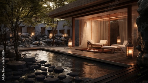 A serene outdoor spa with hot and cold plunge pools and aromatic steam rooms. photo
