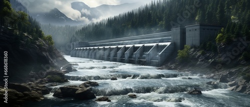 Hydroelectric Power Dam on a River in Mountainous Landscape