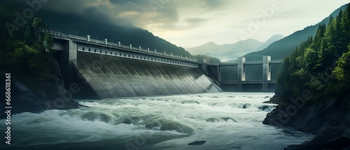 Hydroelectric Power Dam on a River in Mountainous Landscape