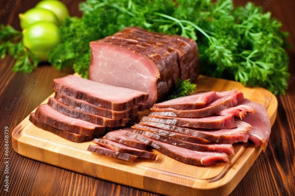 beef brisket slices along with parsley on a bamboo board