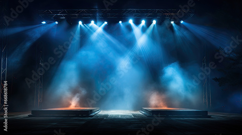 Illuminated stage with scenic lights and smoke. Blue vector spotlight with smoke volume light effect on black background. Stadium cloudiness projector. Generative AI