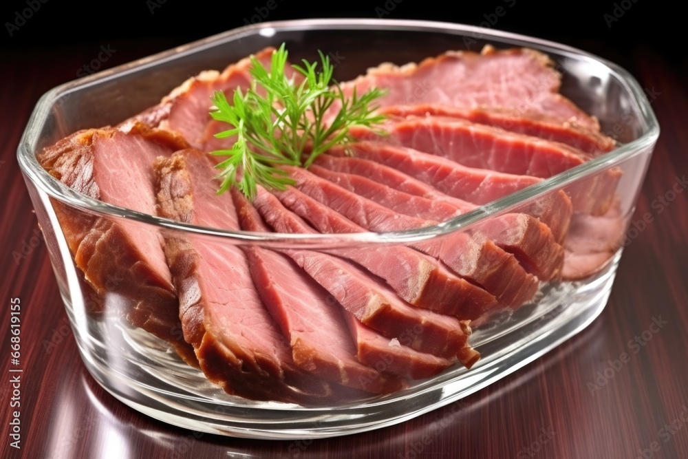 smoked beef brisket slices in a glass dish