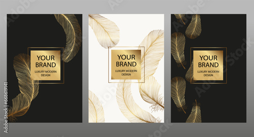 Set of luxury covers.Background with golden line feathers. Vector collection of black and gold elegant pattern for wedding invitation, restaurant menu, luxury brochure, business, sale template.