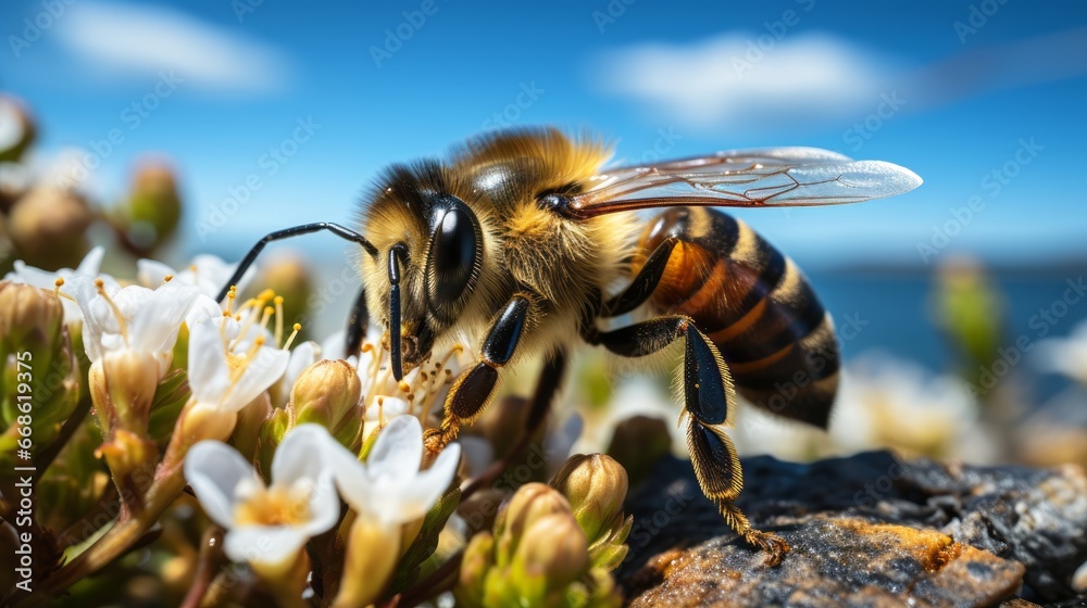 A bee on a clover flower. Generative AI. A bee on a clover flower. Generative AI.