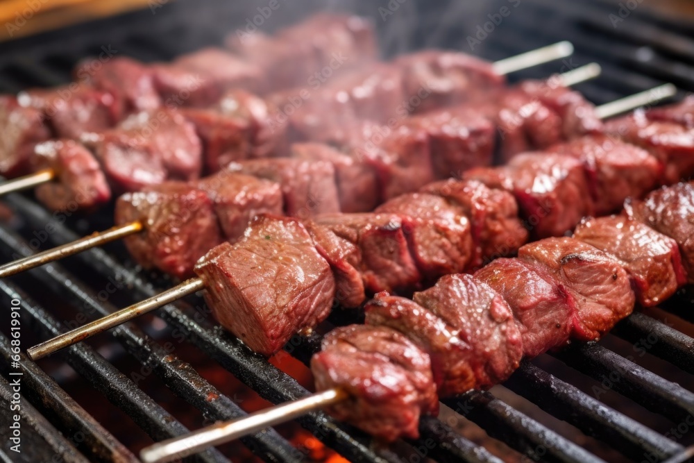 a close-up shot of juicy beef skewers on a grill