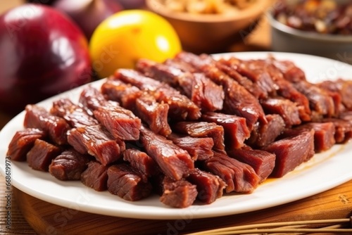 a close-up of saucy beef skewers showing texture and juice