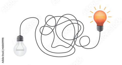 3d light bulbs with haywire cable, business idea  vector. Business concept design to use in idea, brainstorm, learning, strategy, thinking, inspiration, teamwork projects and presentations. 
