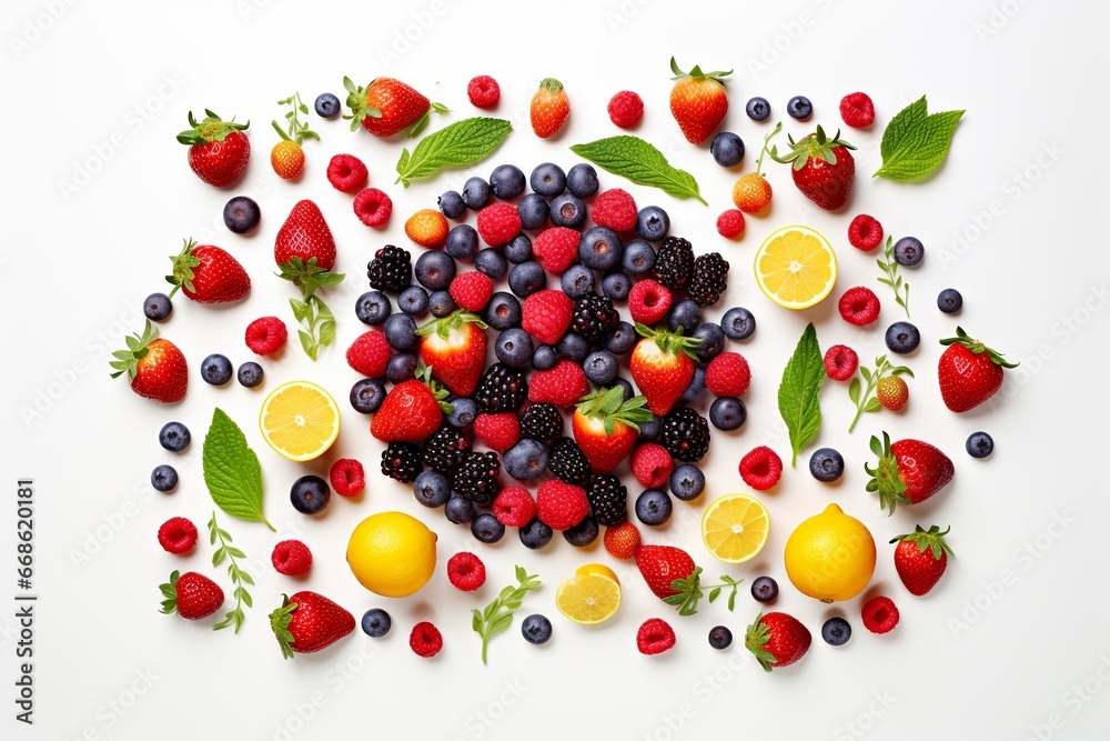 Top View of Fresh Fruits, Vegetables, and Berries on White Background Top View of Fresh Fruits, Vegetables, and Berries on White Background