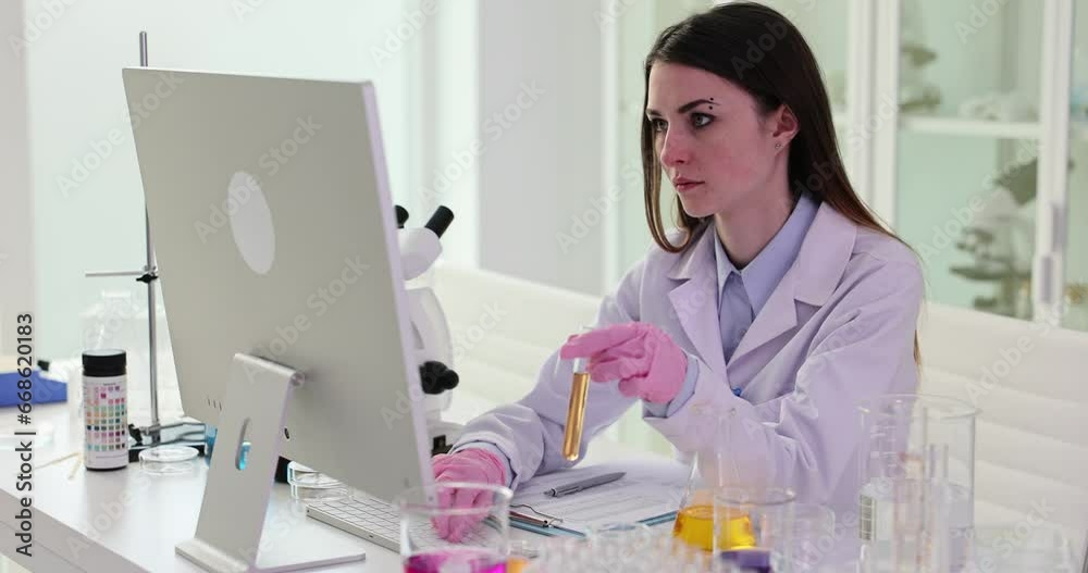 Medical scientist prints information obtained result of testing new experimental drug and holds test tube with liquid. Modern laboratory and study of toxic liquid or urine Medical scientist prints information obtained result of testing new experimental drug and holds test tube with liquid. Modern laboratory and study of toxic liquid or urine