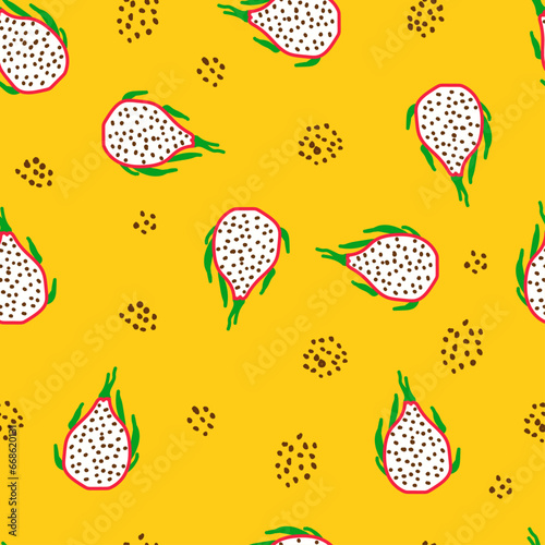 Seamless pattern with dragon fruits, yellow background. hand drawn vector illustration style for summer romantic cover, tropical wallpaper, vintage texture.