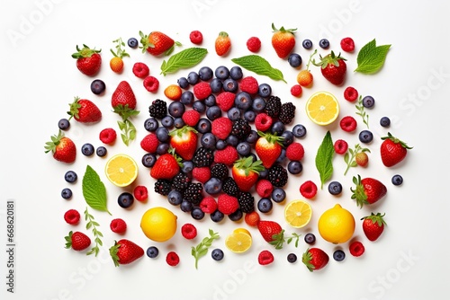 Top View of Fresh Fruits, Vegetables, and Berries on White Background